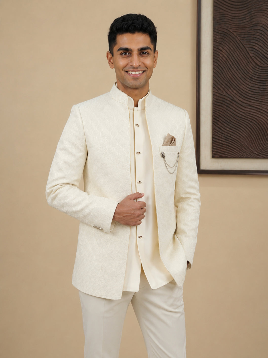 Men Woven Jacquard Indo-Western Set ( HOP-IND 155Cream )