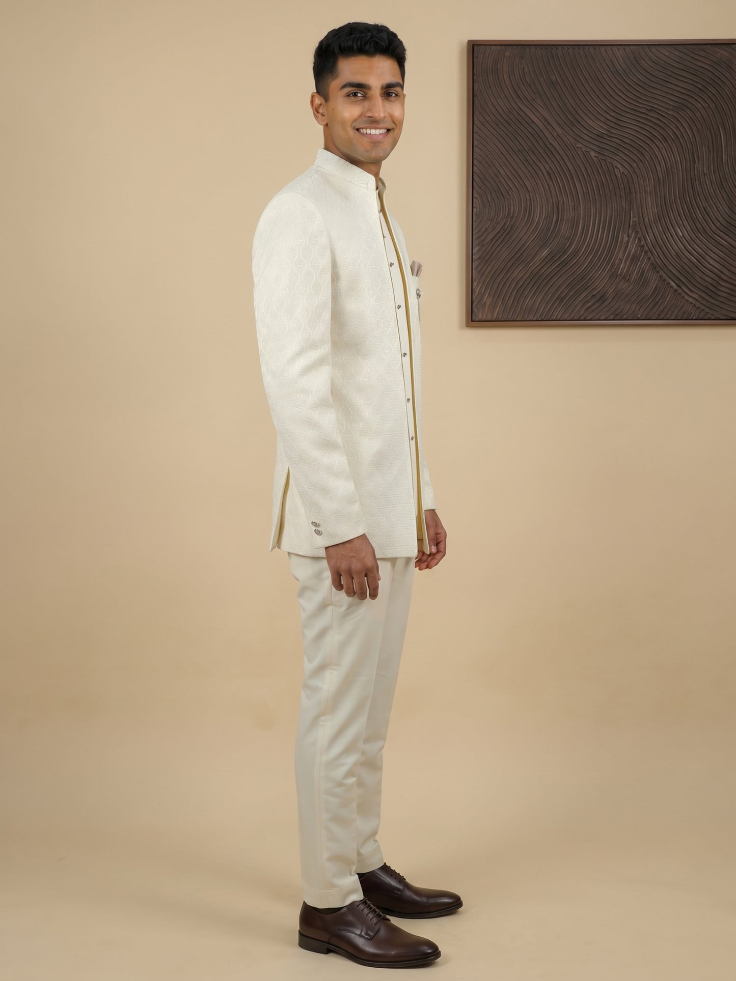 Men Woven Jacquard Indo-Western Set ( HOP-IND 155Cream )