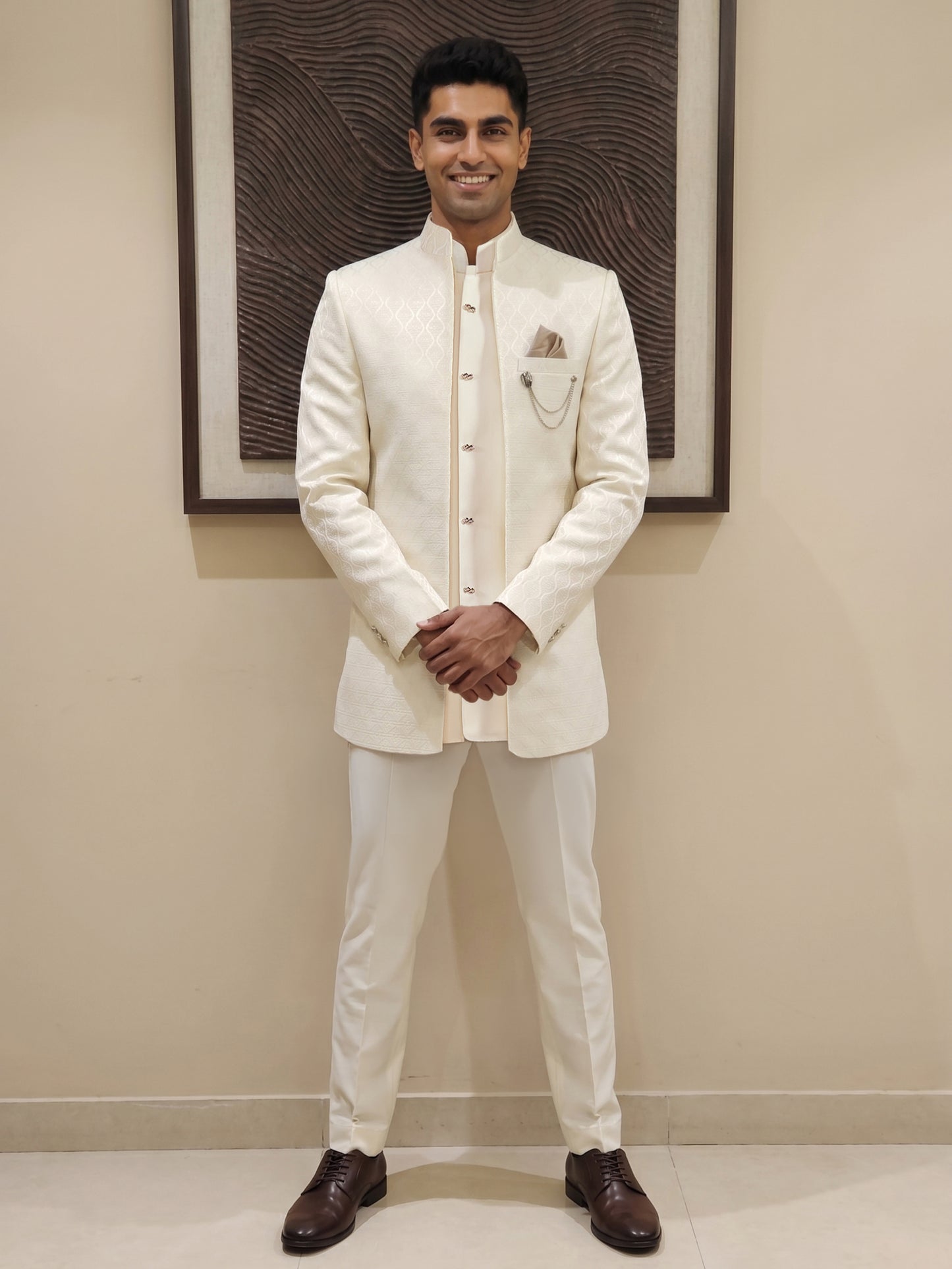 Men Woven Jacquard Indo-Western Set ( HOP-IND 155Cream )