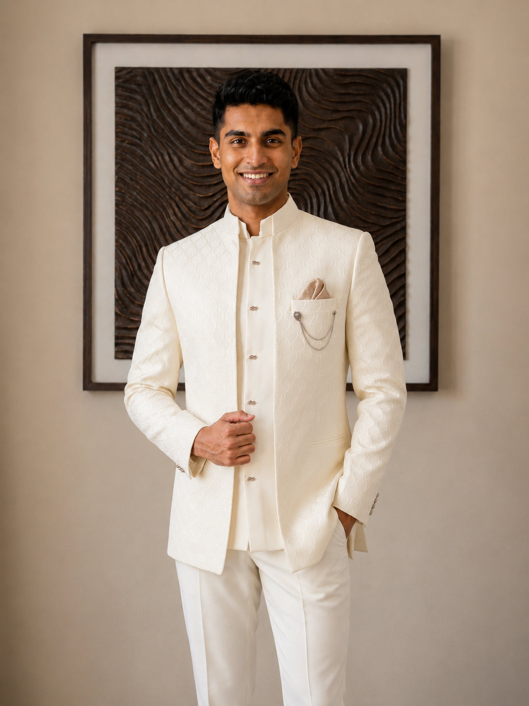 Men Woven Jacquard Indo-Western Set ( HOP-IND 155Cream )