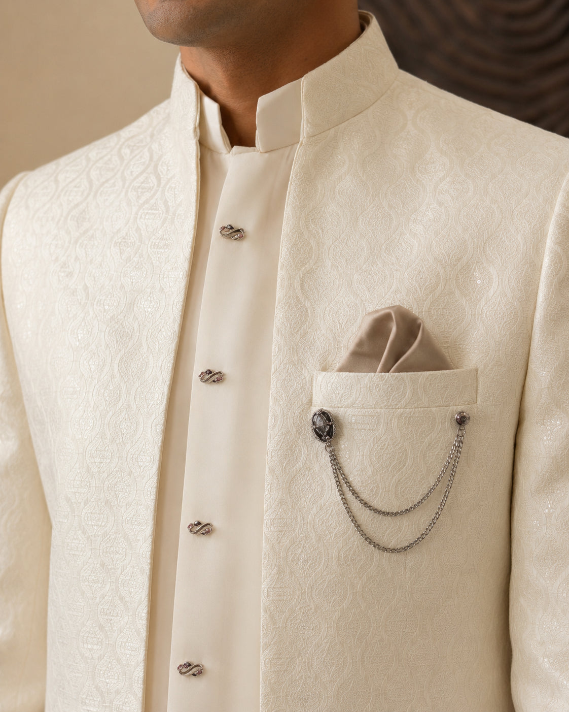 Men Woven Jacquard Indo-Western Set ( HOP-IND 155Cream )