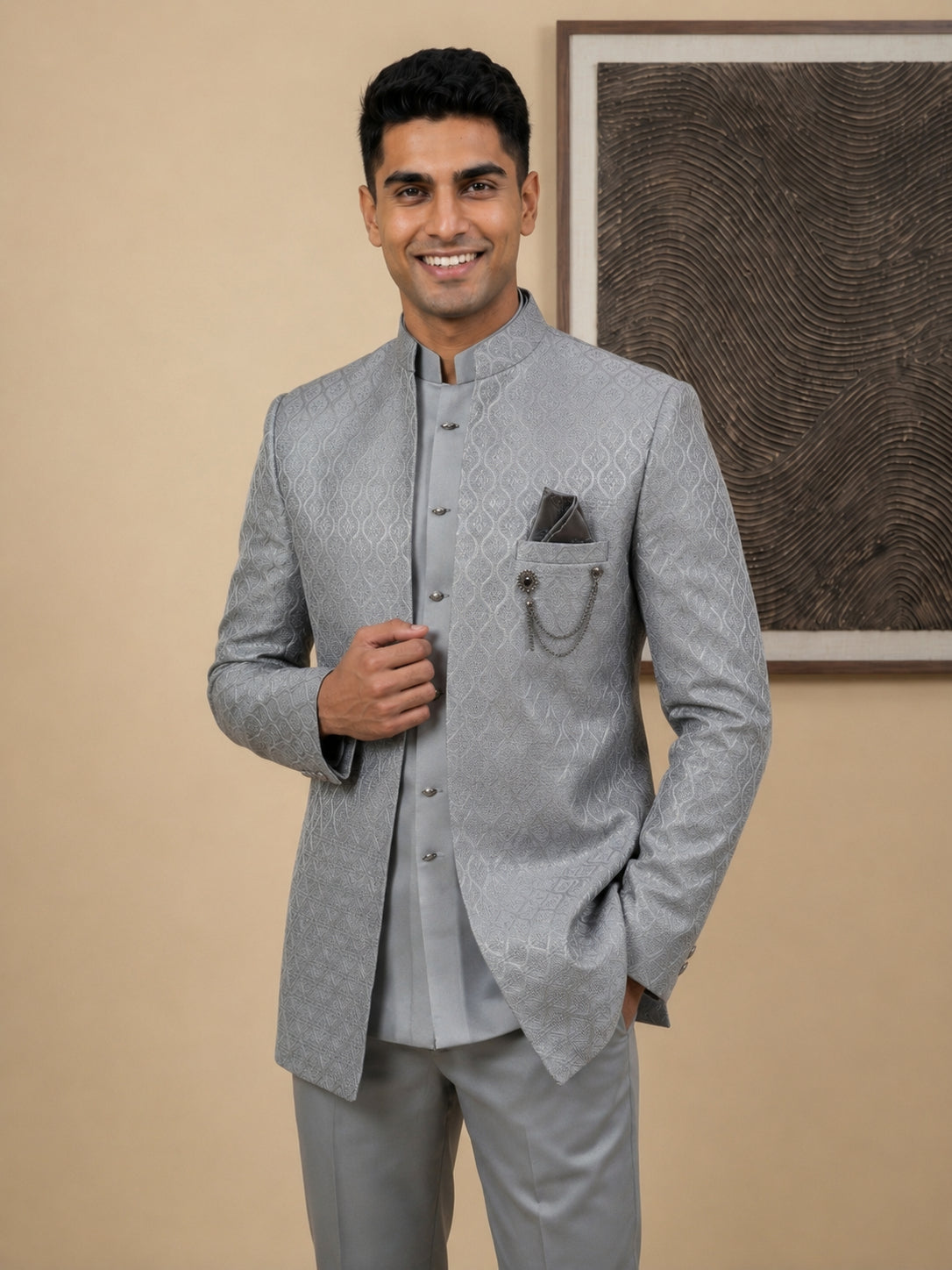 Men Woven Jacquard Indo-Western Set ( HOP-IND 155Grey )