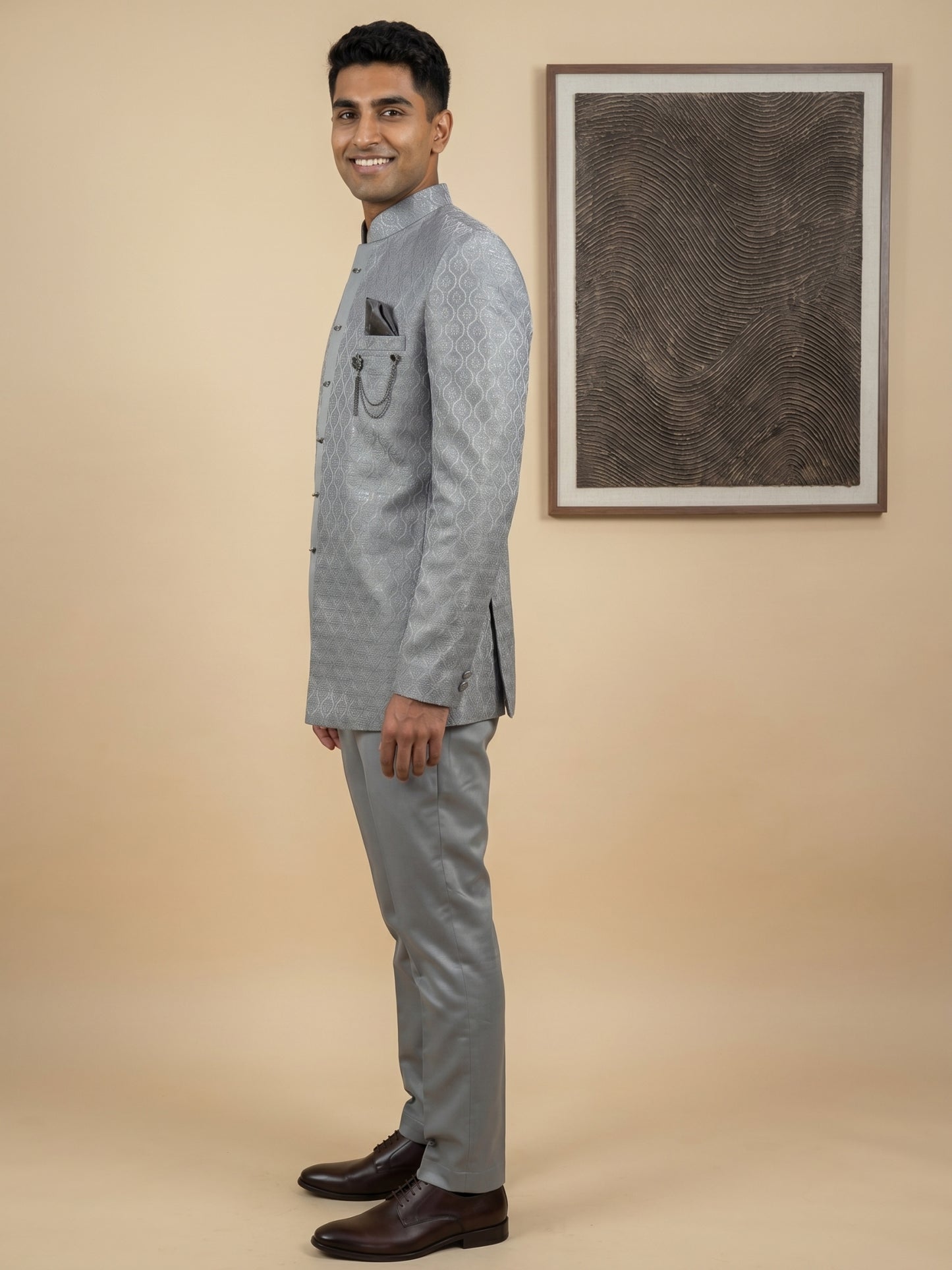 Men Woven Jacquard Indo-Western Set ( HOP-IND 155Grey )