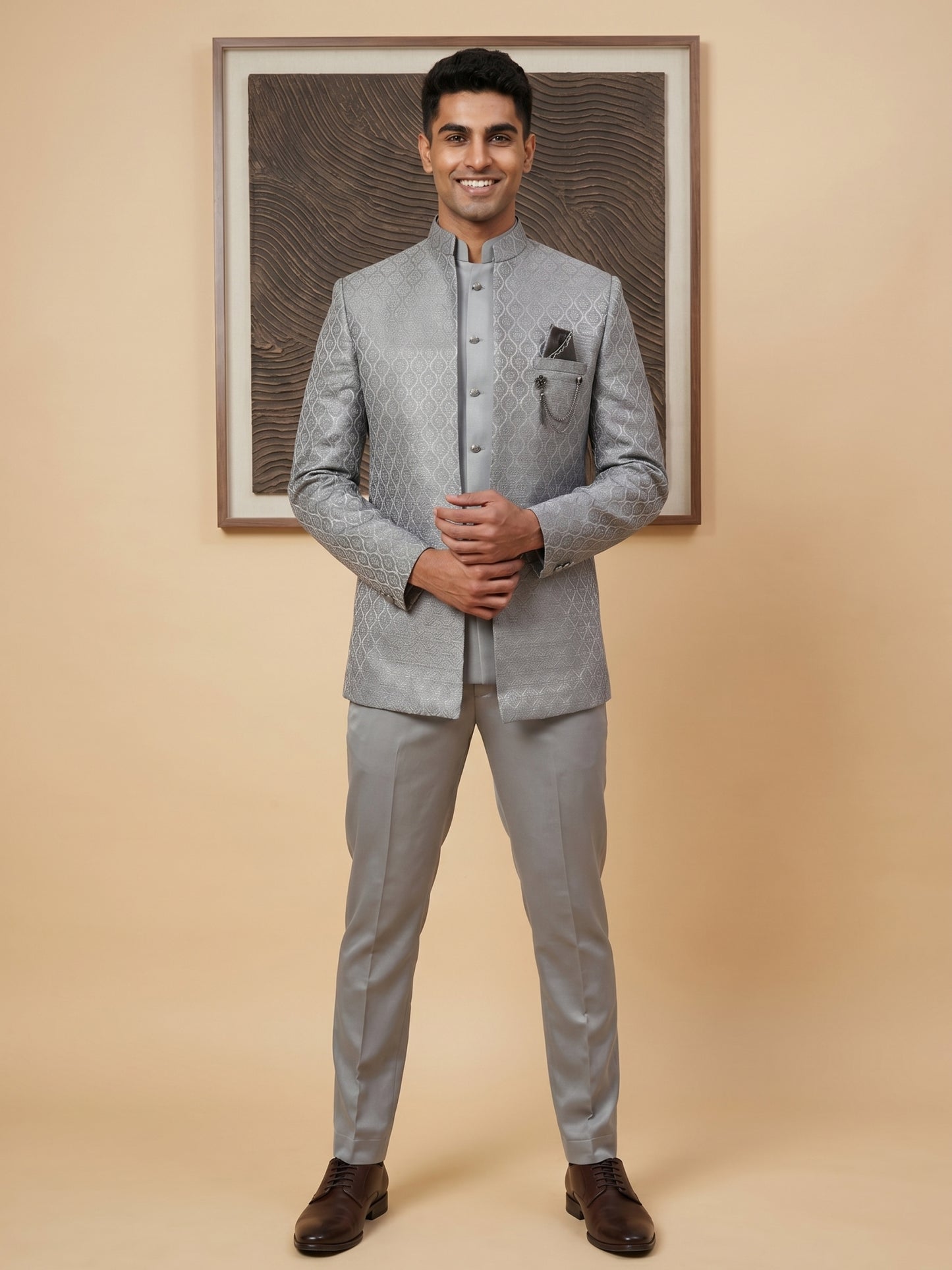 Men Woven Jacquard Indo-Western Set ( HOP-IND 155Grey )