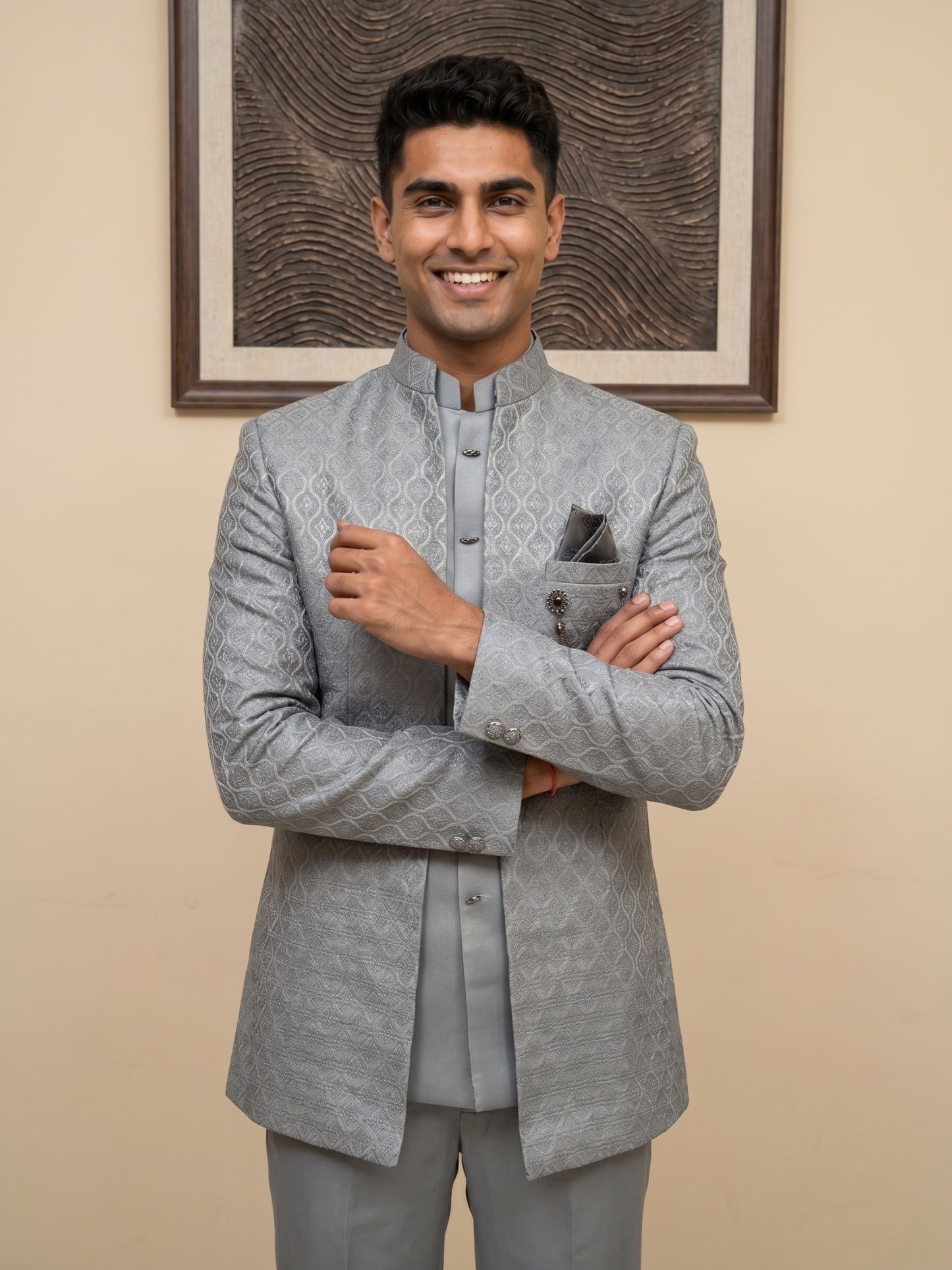 Men Woven Jacquard Indo-Western Set ( HOP-IND 155Grey )