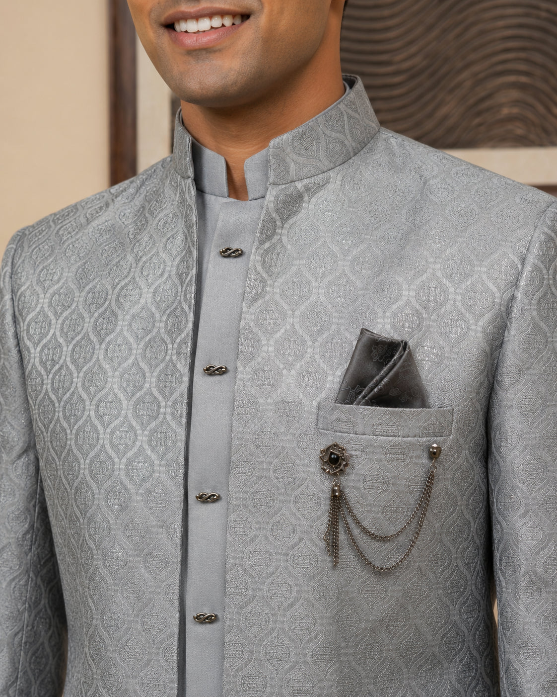 Men Woven Jacquard Indo-Western Set ( HOP-IND 155Grey )