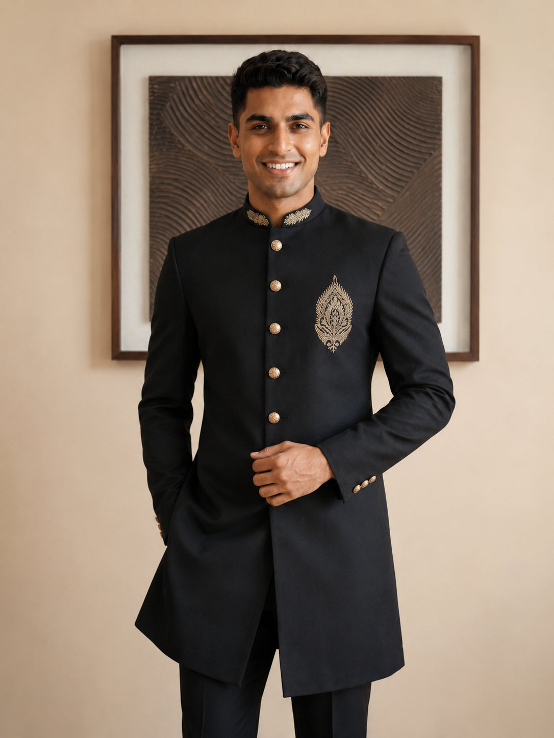 Men's Cotton Blend Indo-Western Set with Zari Work ( HOP-IND 159Black )