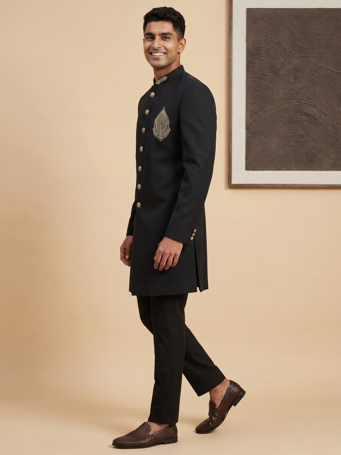 Men's Cotton Blend Indo-Western Set with Zari Work ( HOP-IND 159Black )