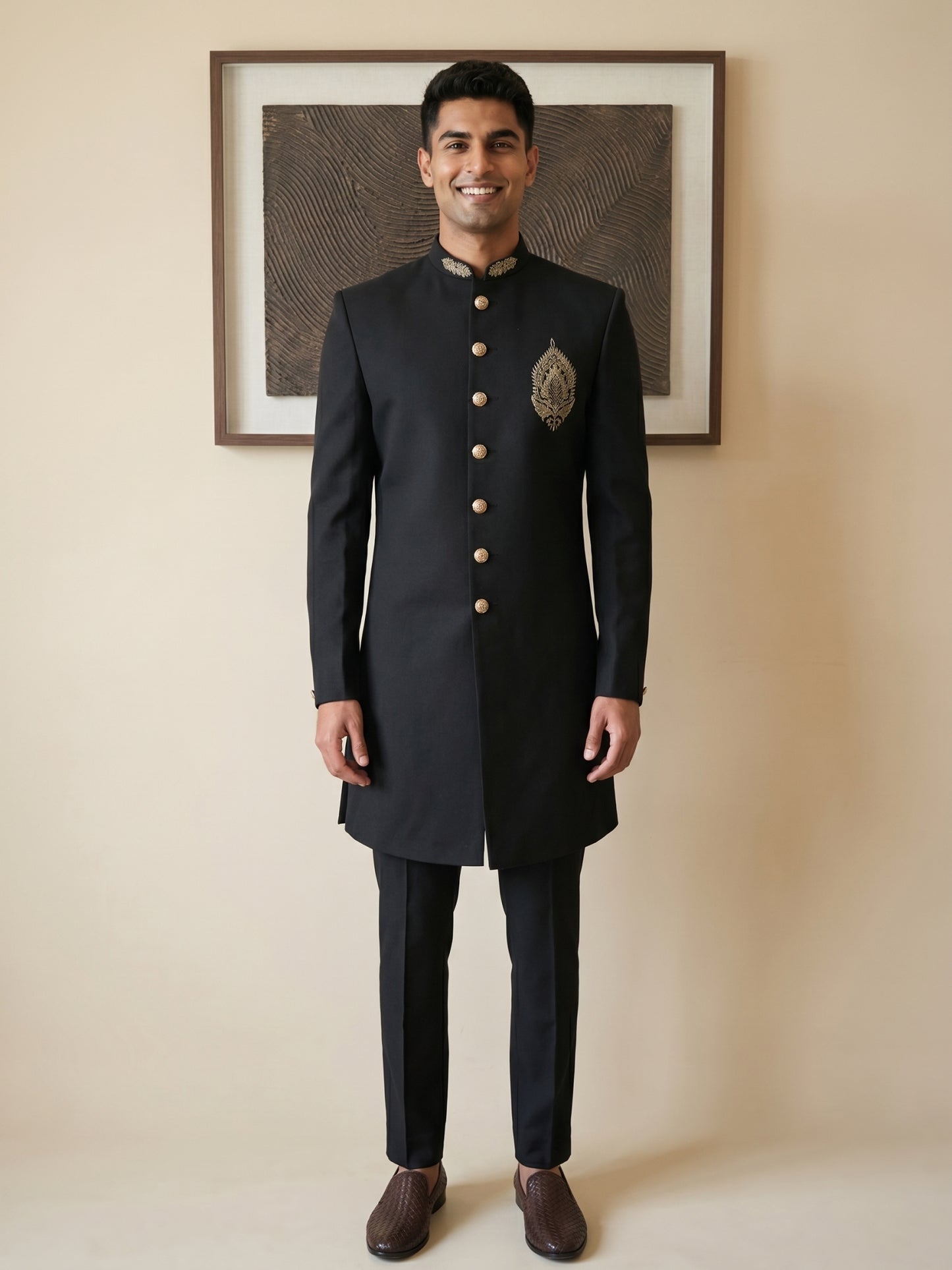 Men's Cotton Blend Indo-Western Set with Zari Work ( HOP-IND 159Black )