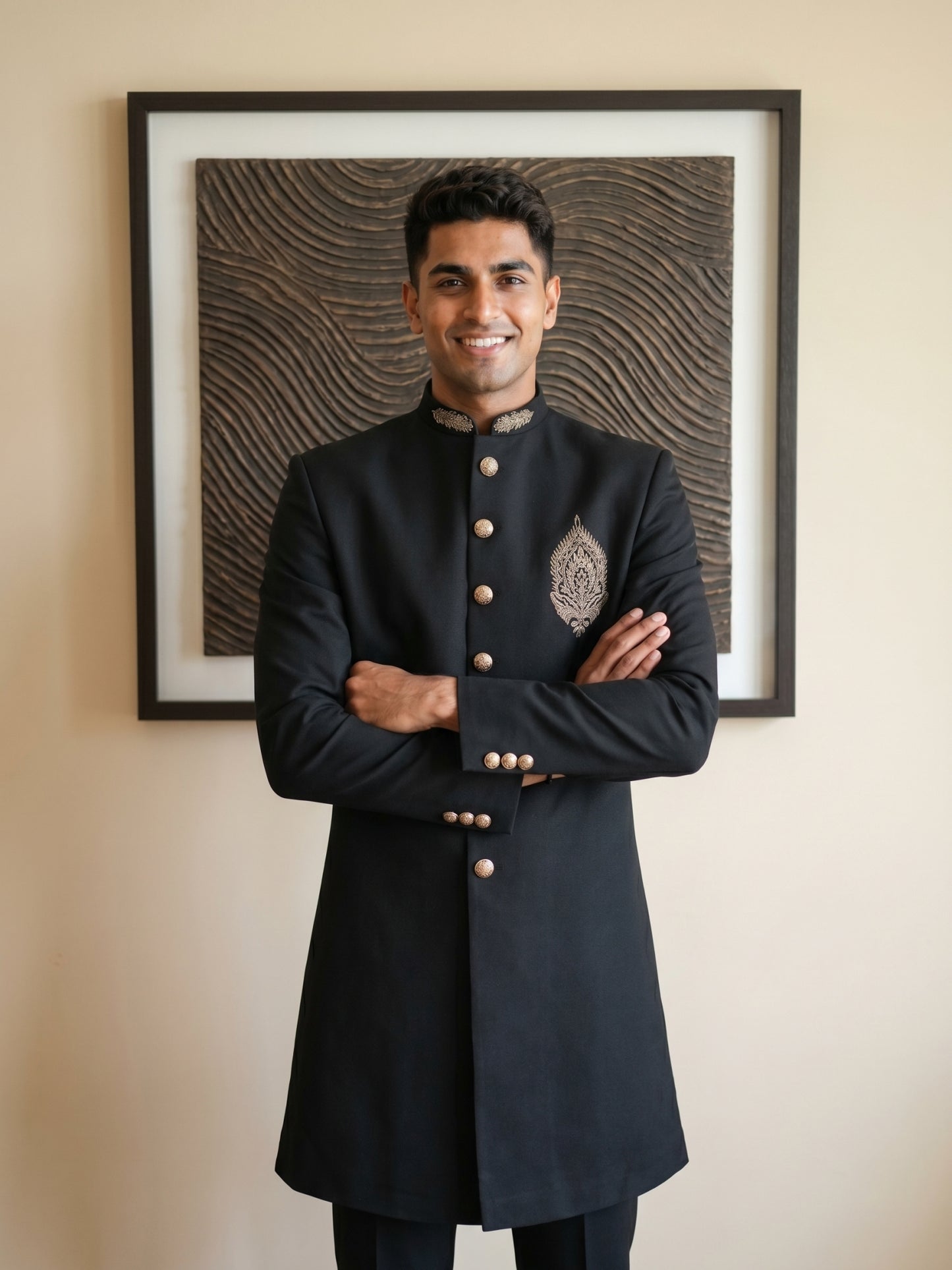 Men's Cotton Blend Indo-Western Set with Zari Work ( HOP-IND 159Black )
