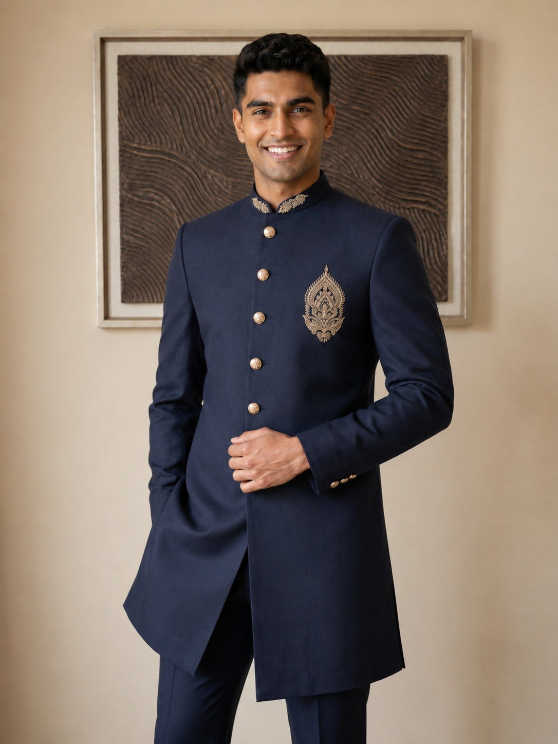 Men's Cotton Blend Indo-Western Set with Zari Work ( HOP-IND 159Navy )