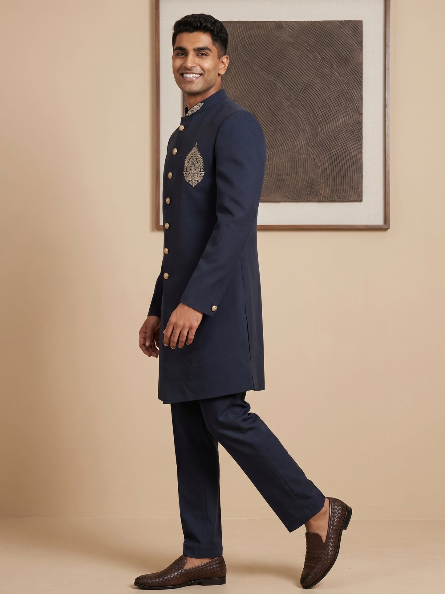 Men's Cotton Blend Indo-Western Set with Zari Work ( HOP-IND 159Navy )
