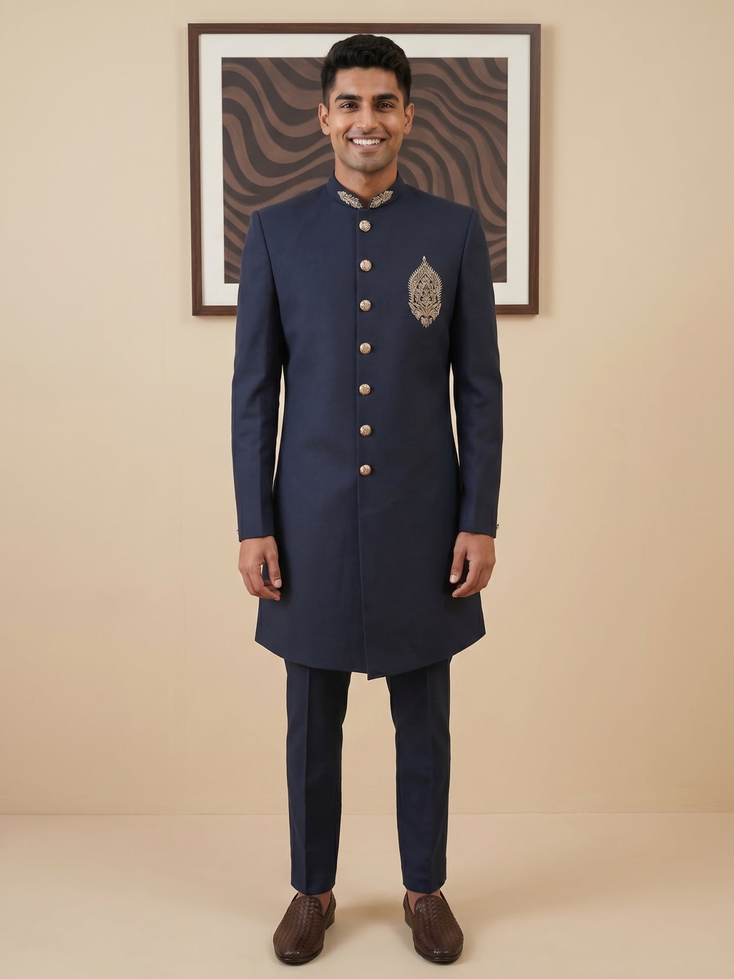 Men's Cotton Blend Indo-Western Set with Zari Work ( HOP-IND 159Navy )