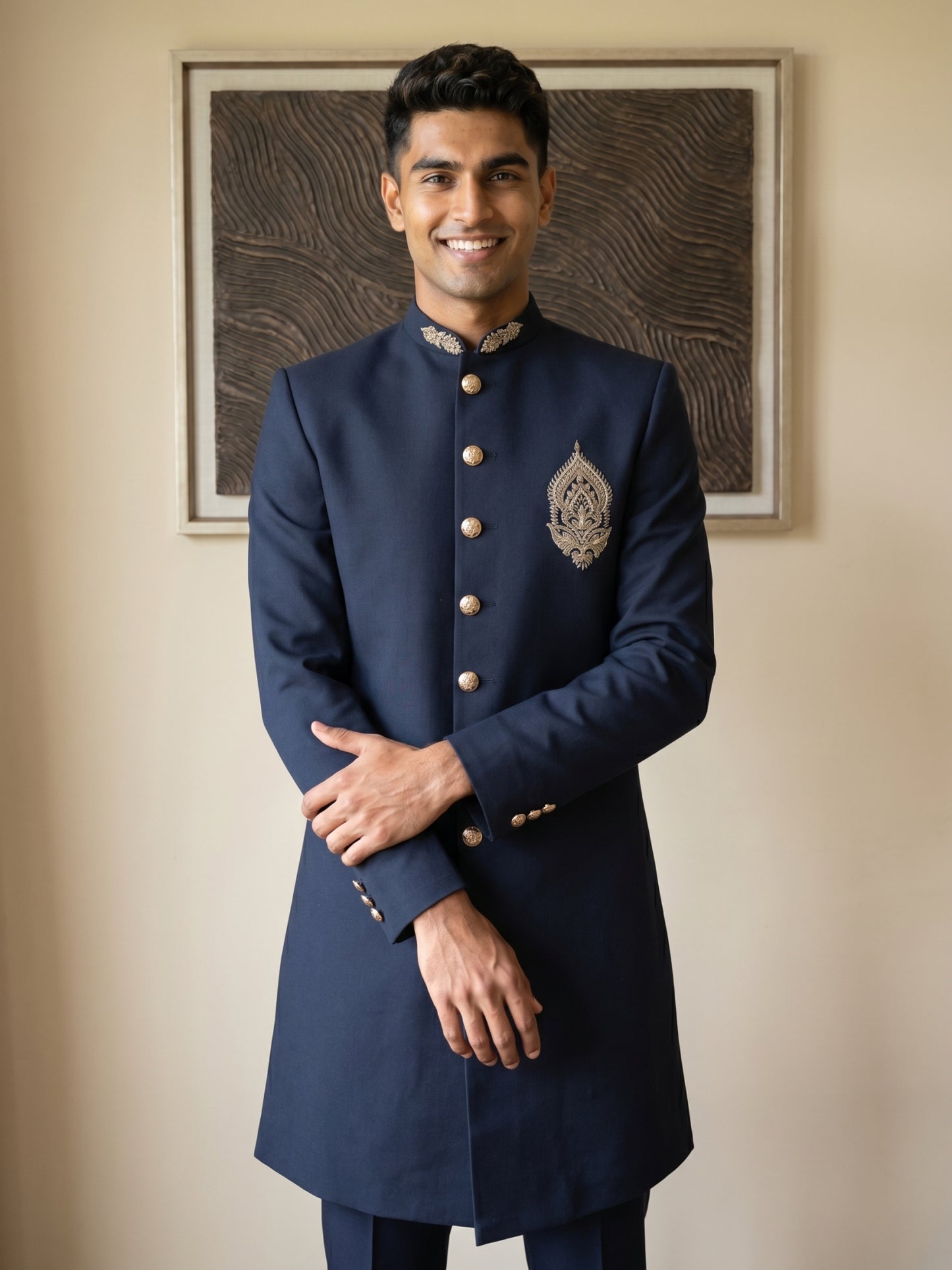 Men's Cotton Blend Indo-Western Set with Zari Work ( HOP-IND 159Navy )