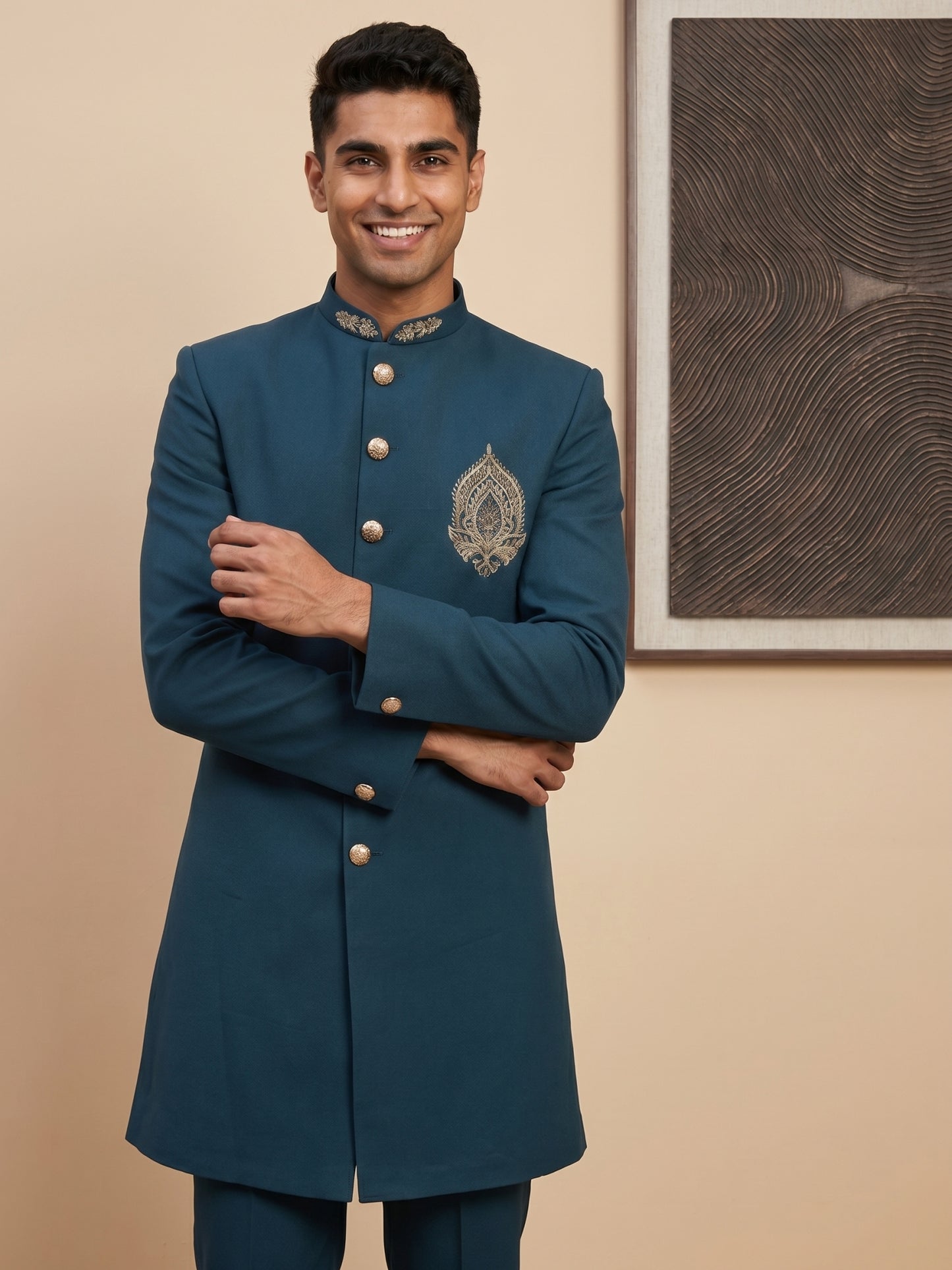 Men's Cotton Blend Indo-Western Set with Zari Work ( HOP-IND 159Peacock )
