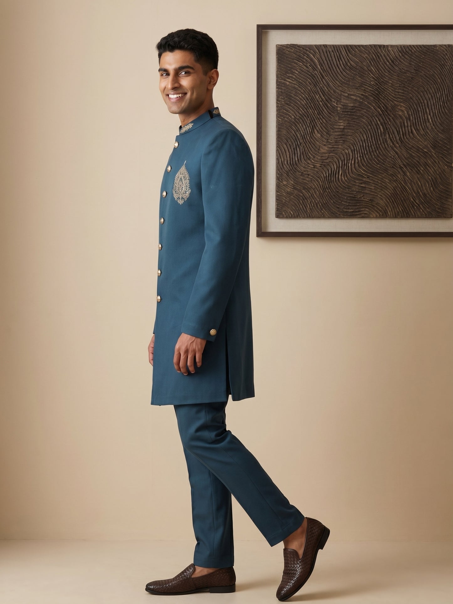 Men's Cotton Blend Indo-Western Set with Zari Work ( HOP-IND 159Peacock )