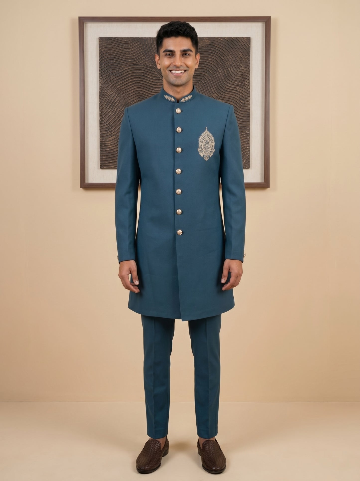 Men's Cotton Blend Indo-Western Set with Zari Work ( HOP-IND 159Peacock )