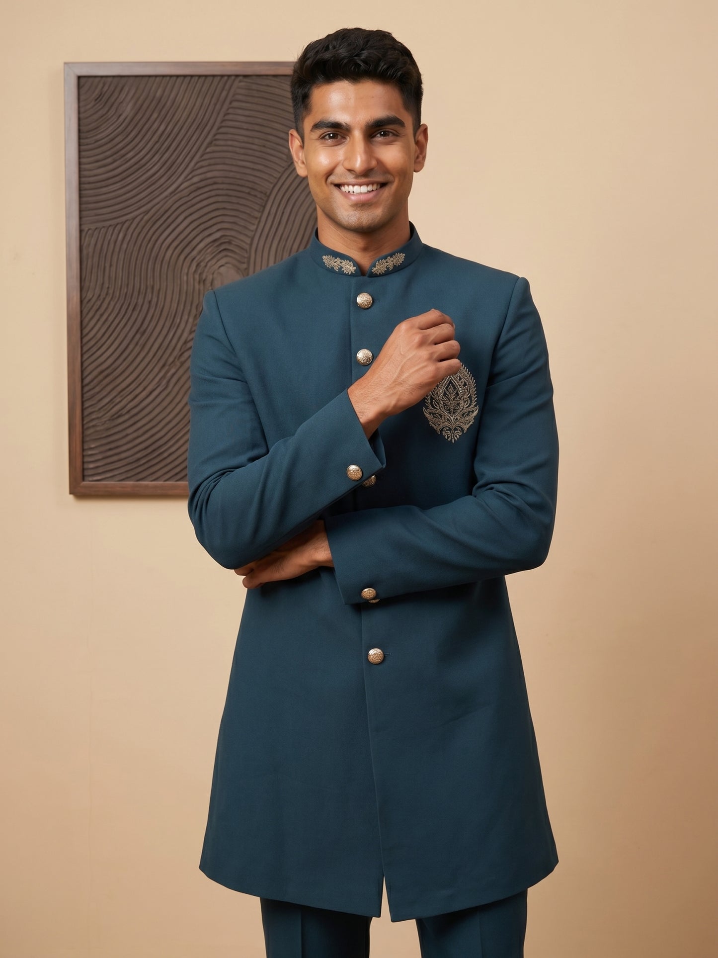 Men's Cotton Blend Indo-Western Set with Zari Work ( HOP-IND 159Peacock )
