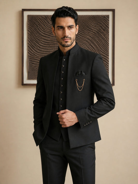 Cotton Blend Solid Indo-Western Set ( HOP-IND 161Black )