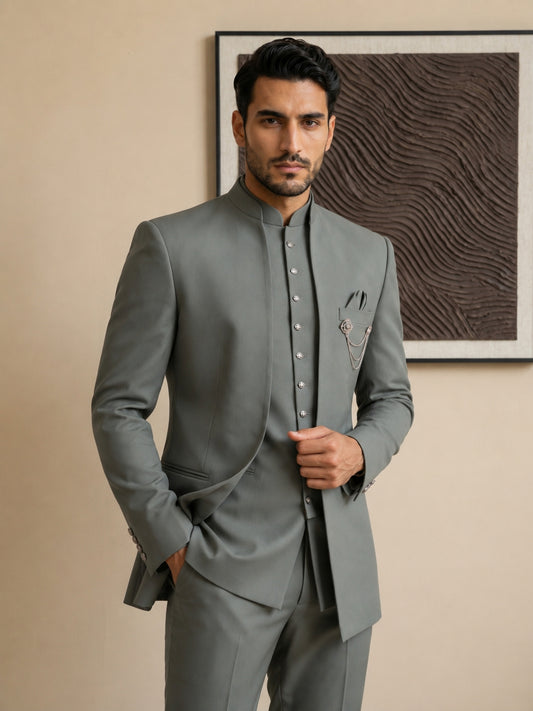 Cotton Blend Solid Indo-Western Set ( HOP-IND 161Grey )