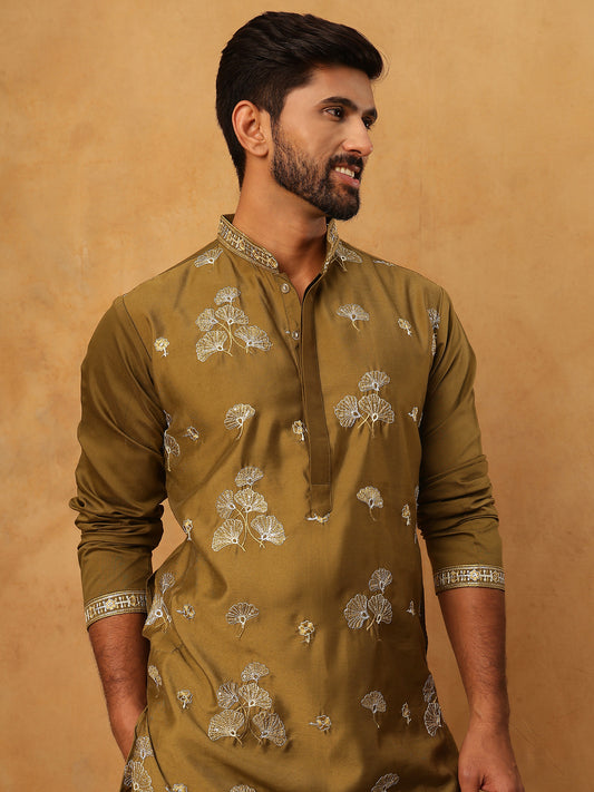 Silk Blend Elegant Thread Work Kurtas ( HOPKO 006Mehndi )