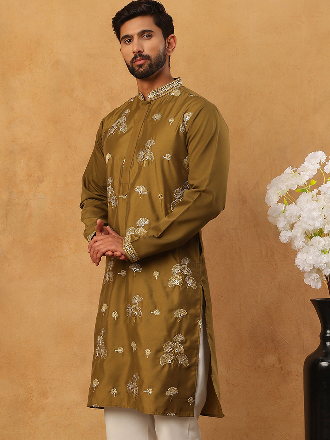 Silk Blend Elegant Thread Work Kurtas ( HOPKO 006Mehndi )