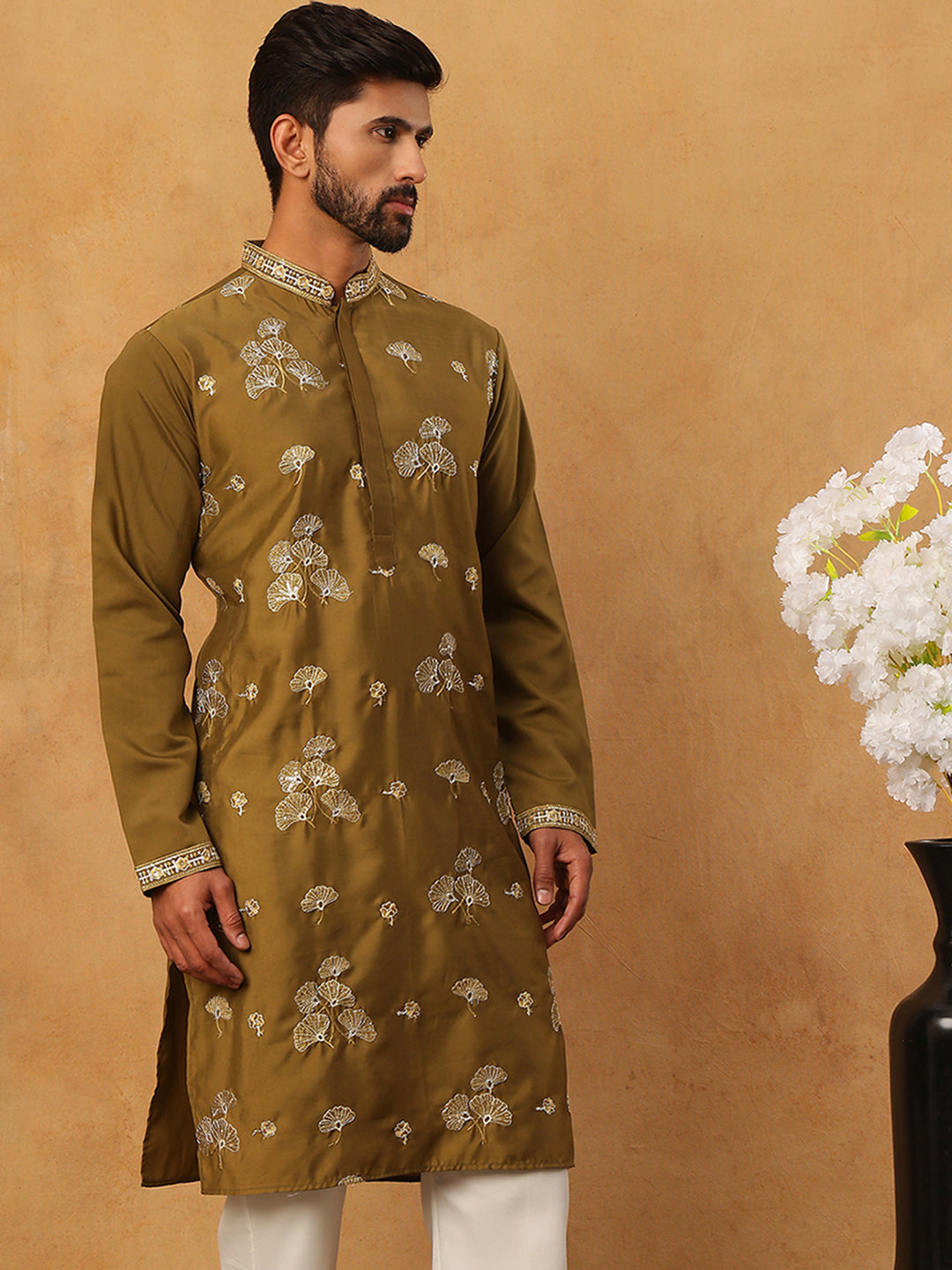 Silk Blend Elegant Thread Work Kurtas ( HOPKO 006Mehndi )