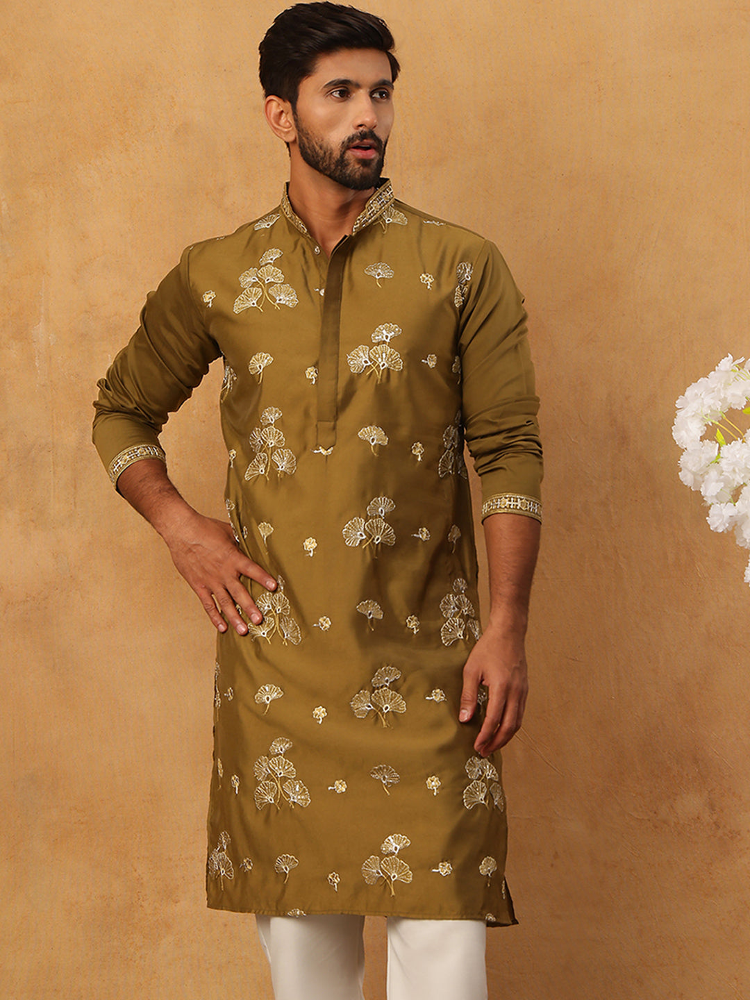 Silk Blend Elegant Thread Work Kurtas ( HOPKO 006Mehndi )
