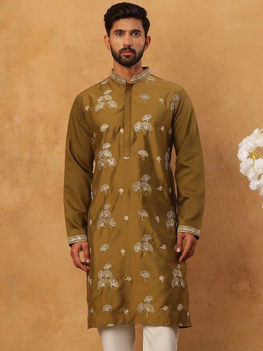Silk Blend Elegant Thread Work Kurtas ( HOPKO 006Mehndi )