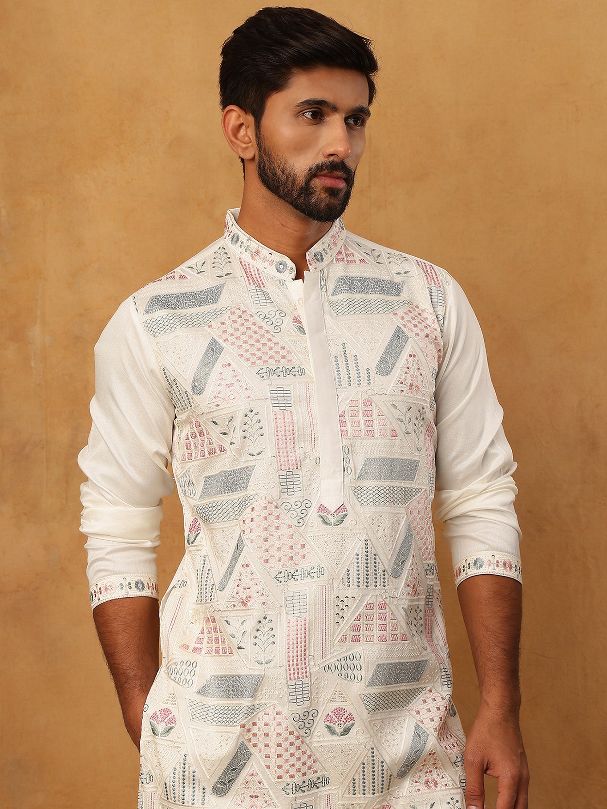 Men Festive Silk Blend Embroidered Kurta ( HOPKO 019White )