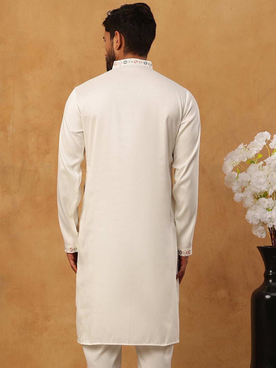 Men Festive Silk Blend Embroidered Kurta ( HOPKO 019White )