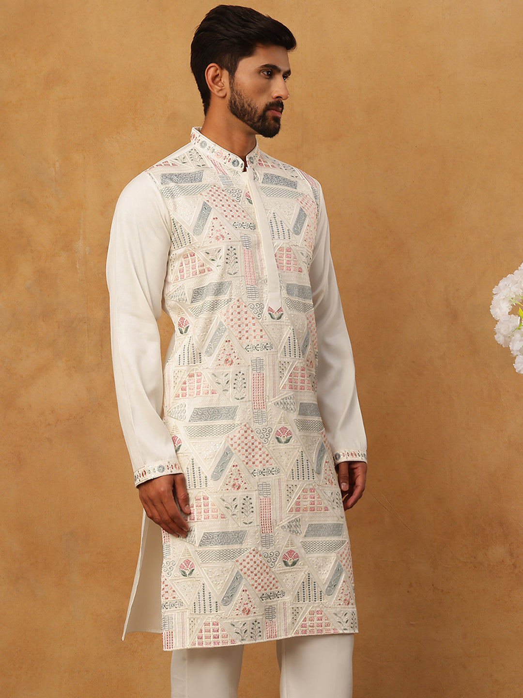 Men Festive Silk Blend Embroidered Kurta ( HOPKO 019White )