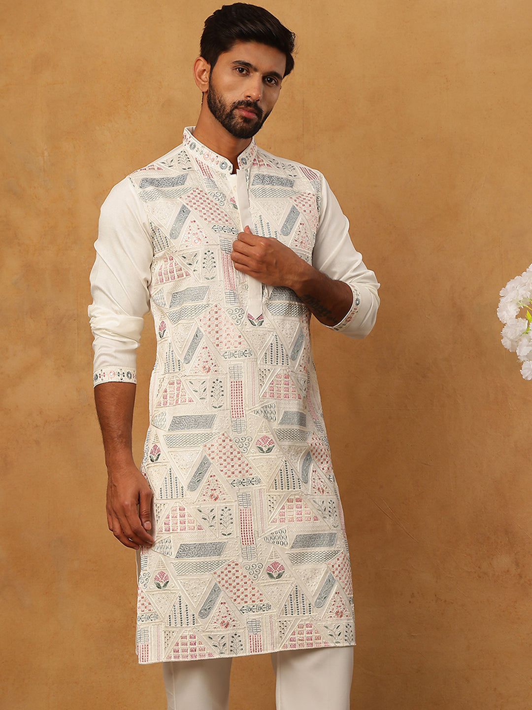 Men Festive Silk Blend Embroidered Kurta ( HOPKO 019White )