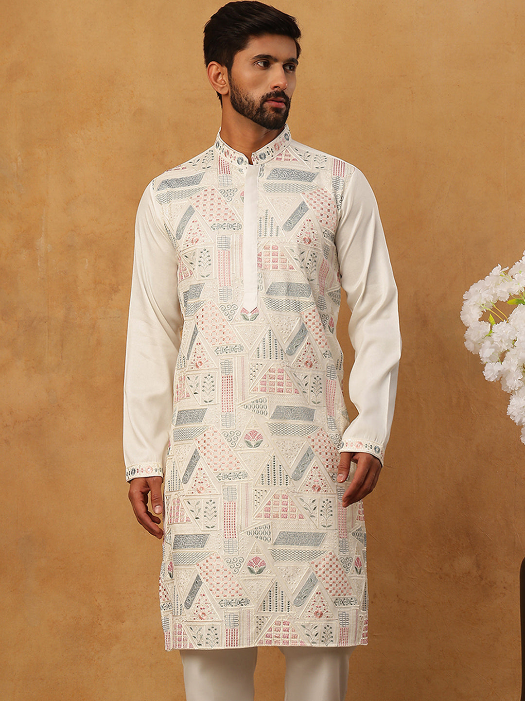 Men Festive Silk Blend Embroidered Kurta ( HOPKO 019White )