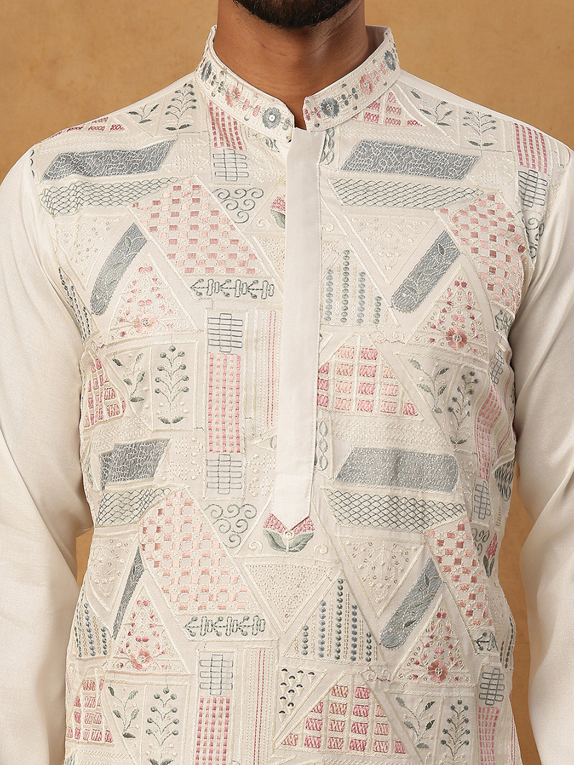 Men Festive Silk Blend Embroidered Kurta ( HOPKO 019White )