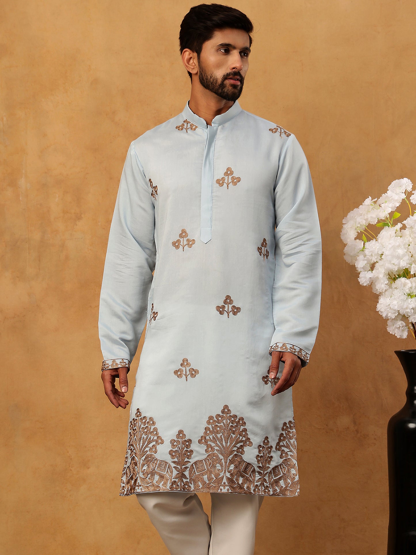 Silk Blend Ethnic Embroidered Kurta ( HOPKO 021Blue )