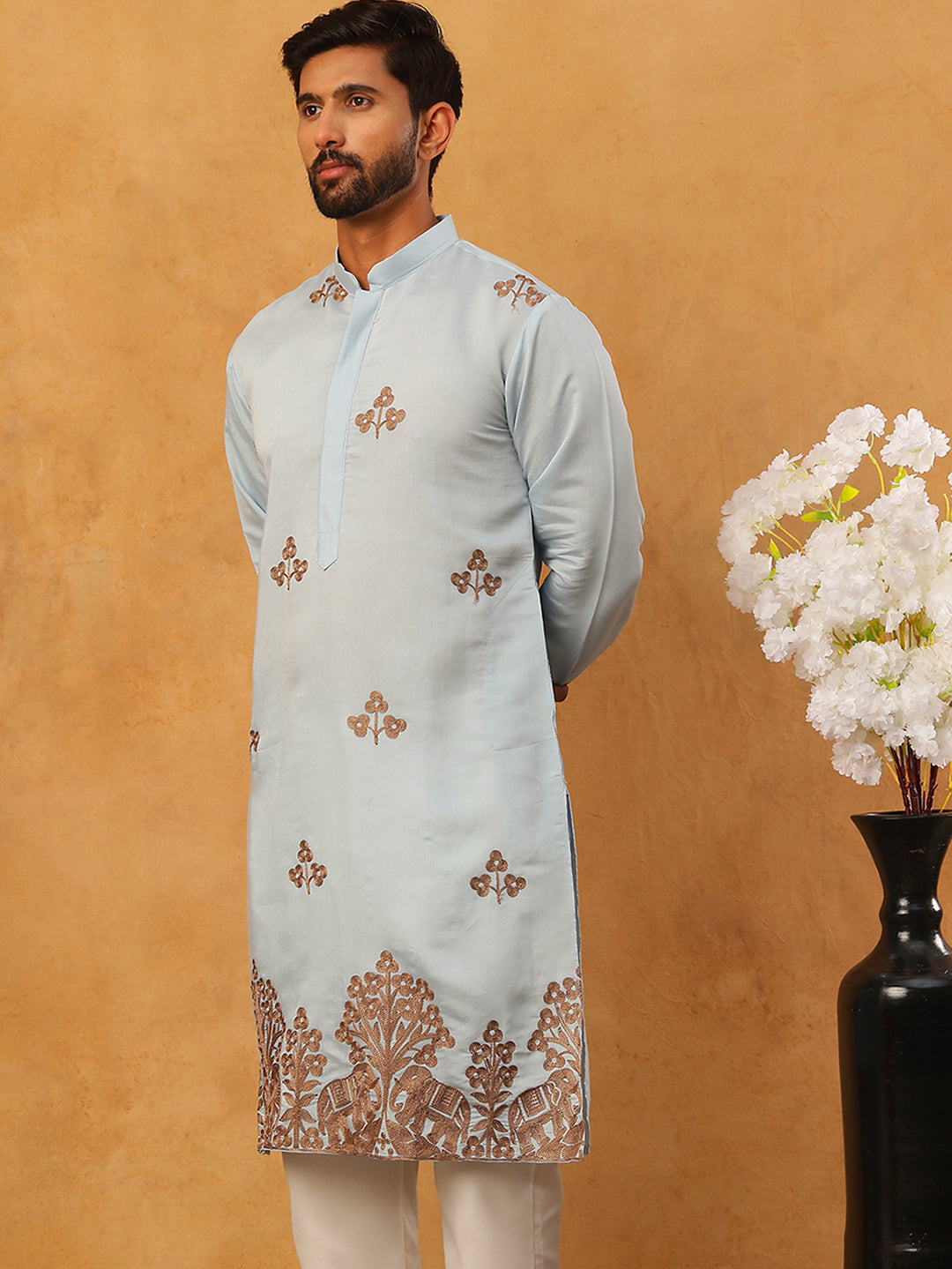 Silk Blend Ethnic Embroidered Kurta ( HOPKO 021Blue )