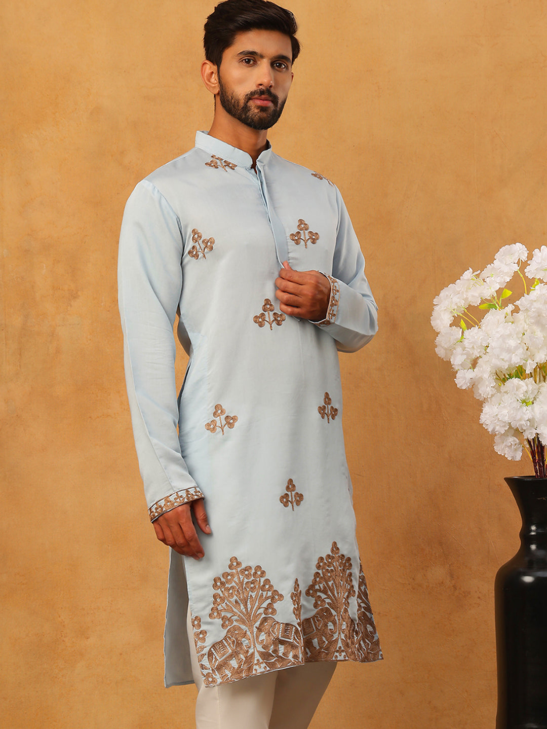 Silk Blend Ethnic Embroidered Kurta ( HOPKO 021Blue )