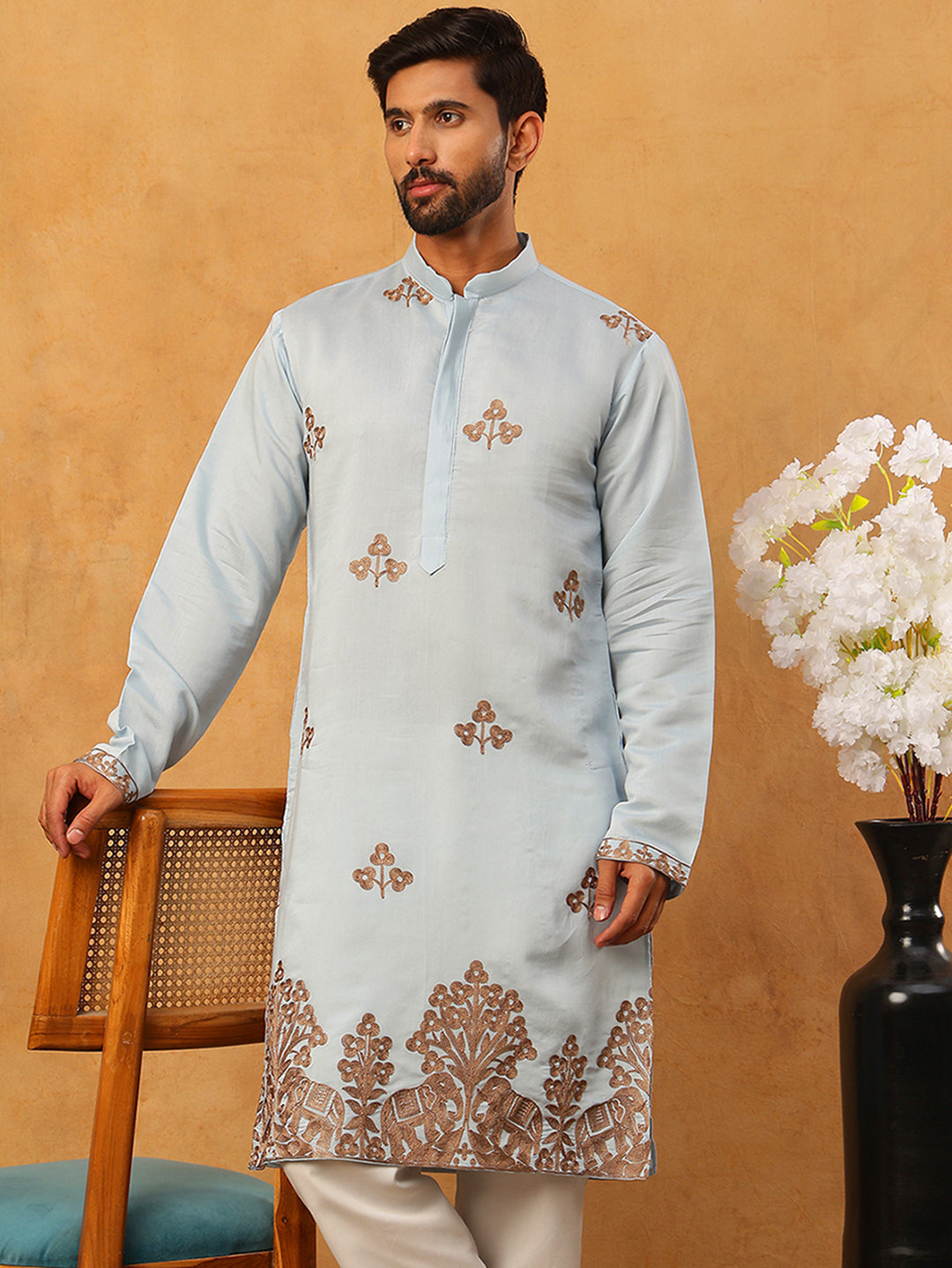 Silk Blend Ethnic Embroidered Kurta ( HOPKO 021Blue )