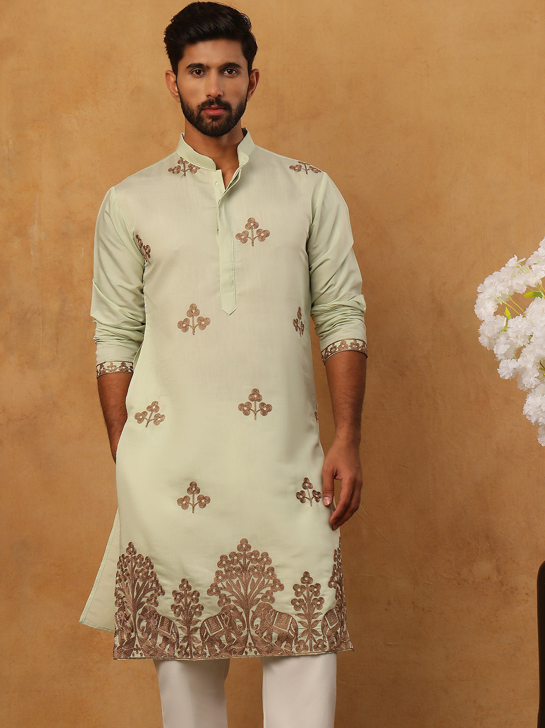 Silk Blend Ethnic Embroidered Kurta ( HOPKO 021Pista )