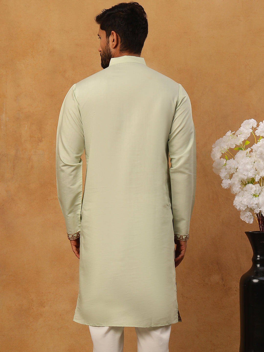 Silk Blend Ethnic Embroidered Kurta ( HOPKO 021Pista )