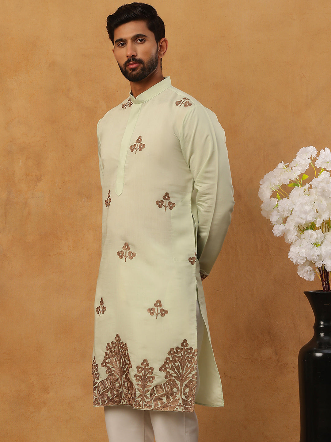 Silk Blend Ethnic Embroidered Kurta ( HOPKO 021Pista )