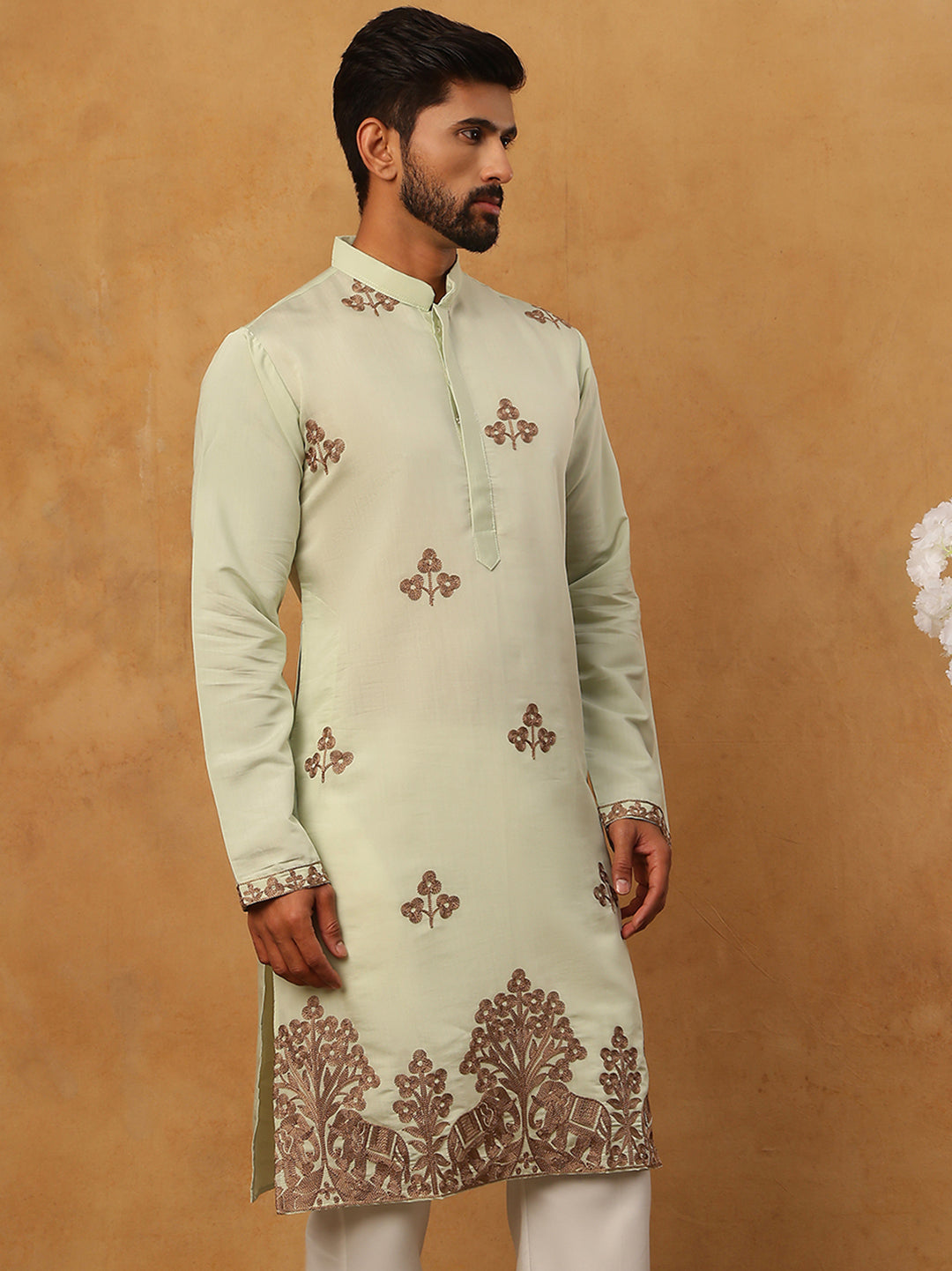 Silk Blend Ethnic Embroidered Kurta ( HOPKO 021Pista )