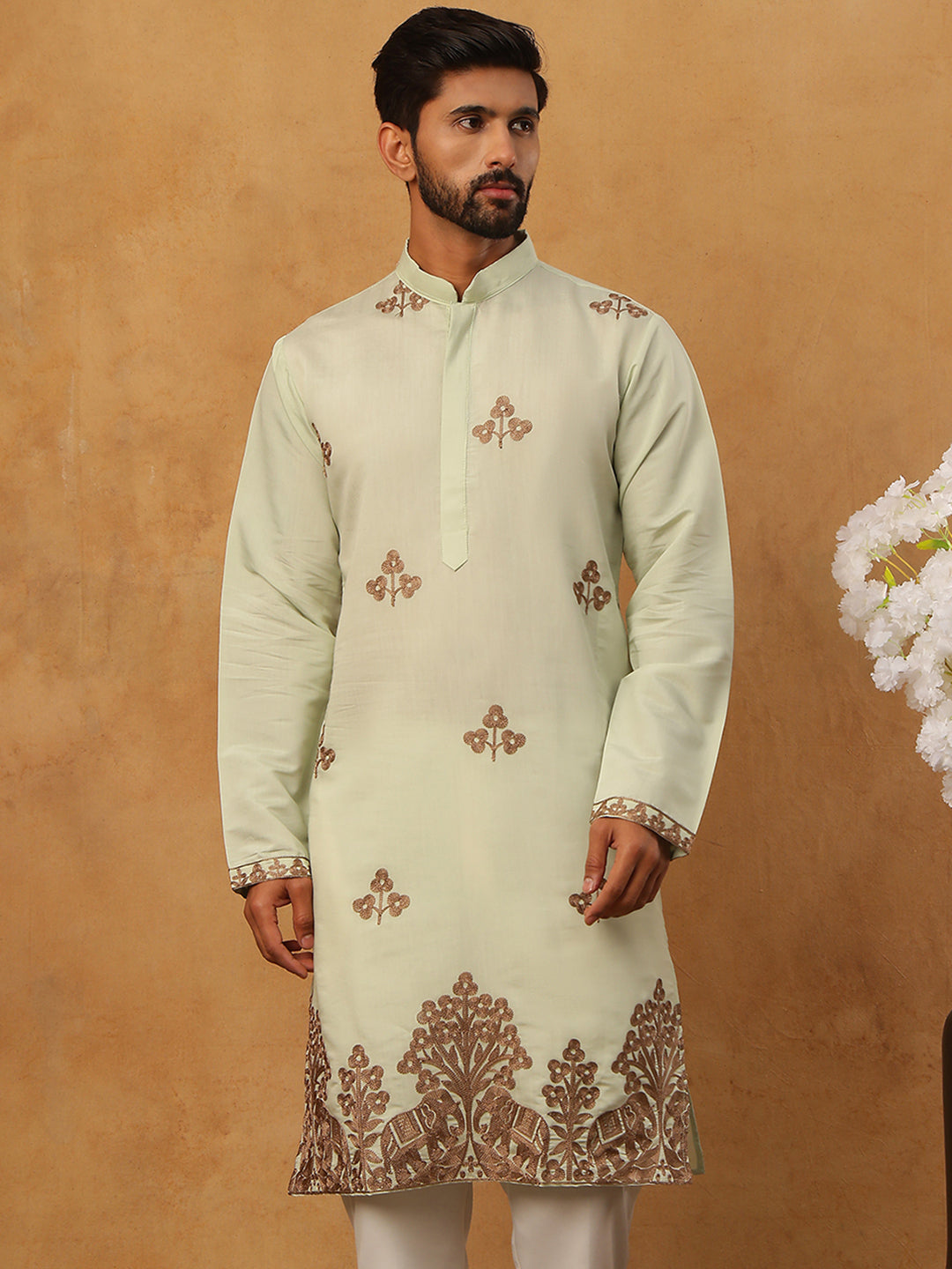 Silk Blend Ethnic Embroidered Kurta ( HOPKO 021Pista )