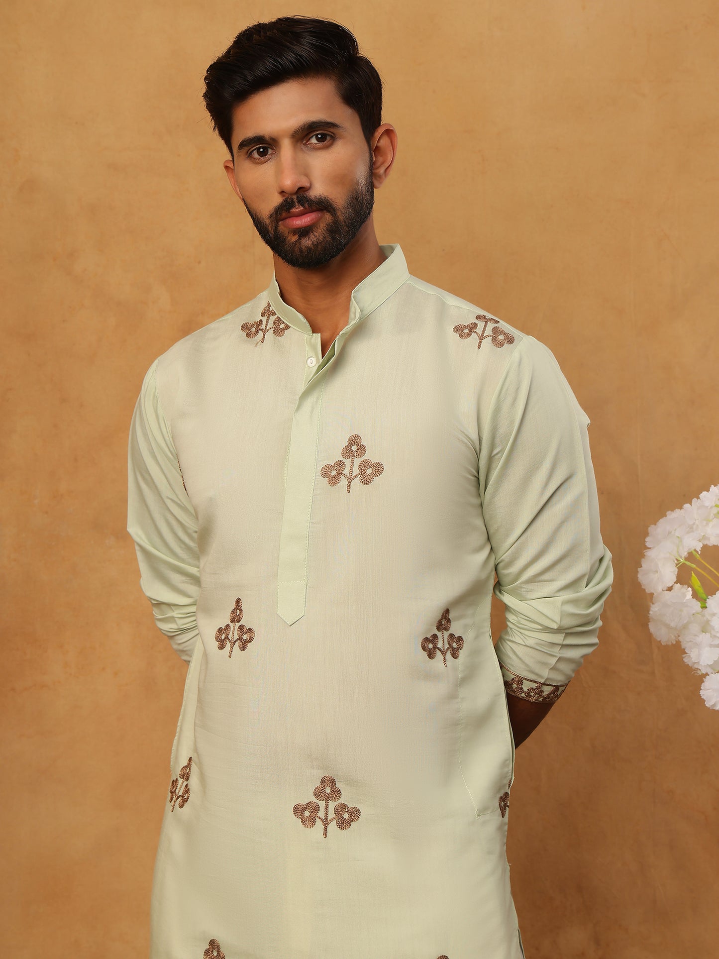 Silk Blend Ethnic Embroidered Kurta ( HOPKO 021Pista )