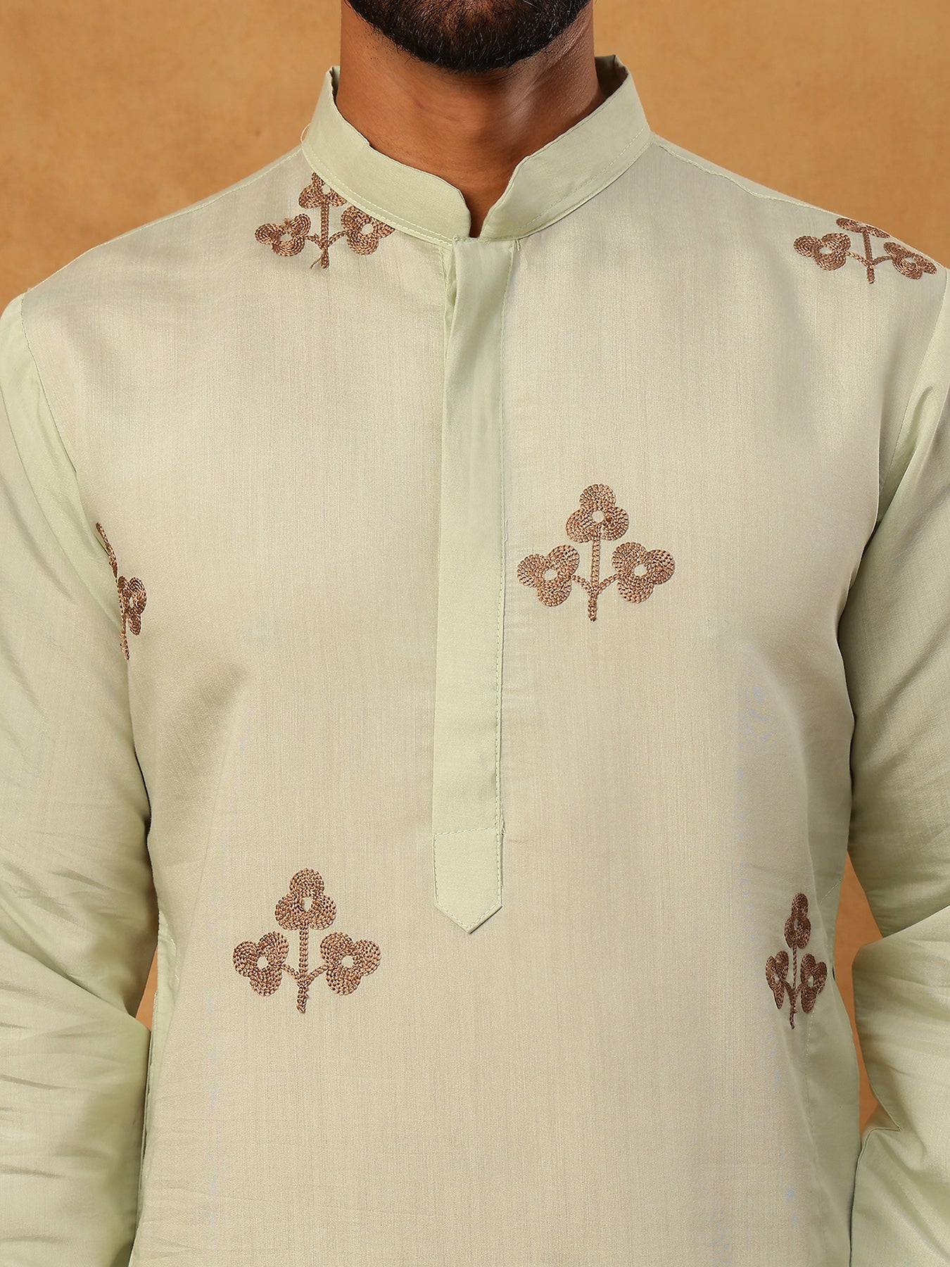 Silk Blend Ethnic Embroidered Kurta ( HOPKO 021Pista )