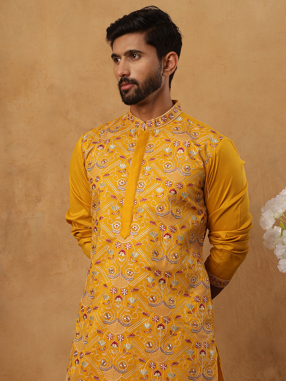 Men Festive Silk Blend Embroidered Kurta ( HOPKO 022Mustard )