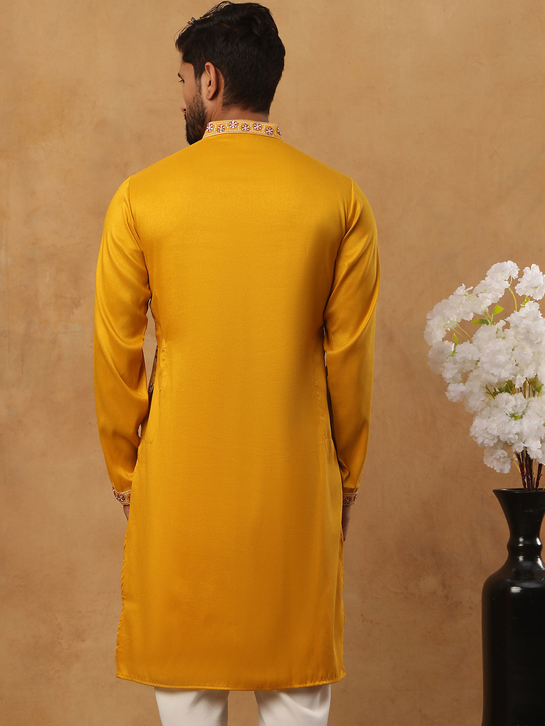 Men Festive Silk Blend Embroidered Kurta ( HOPKO 022Mustard )
