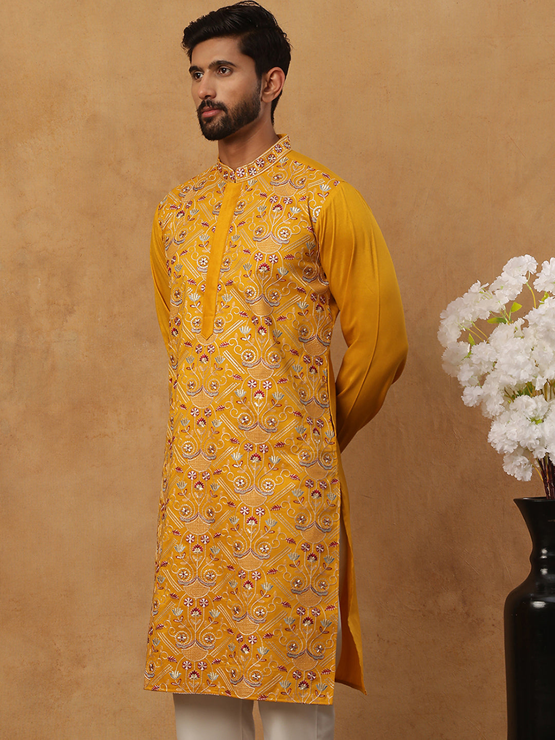 Men Festive Silk Blend Embroidered Kurta ( HOPKO 022Mustard )