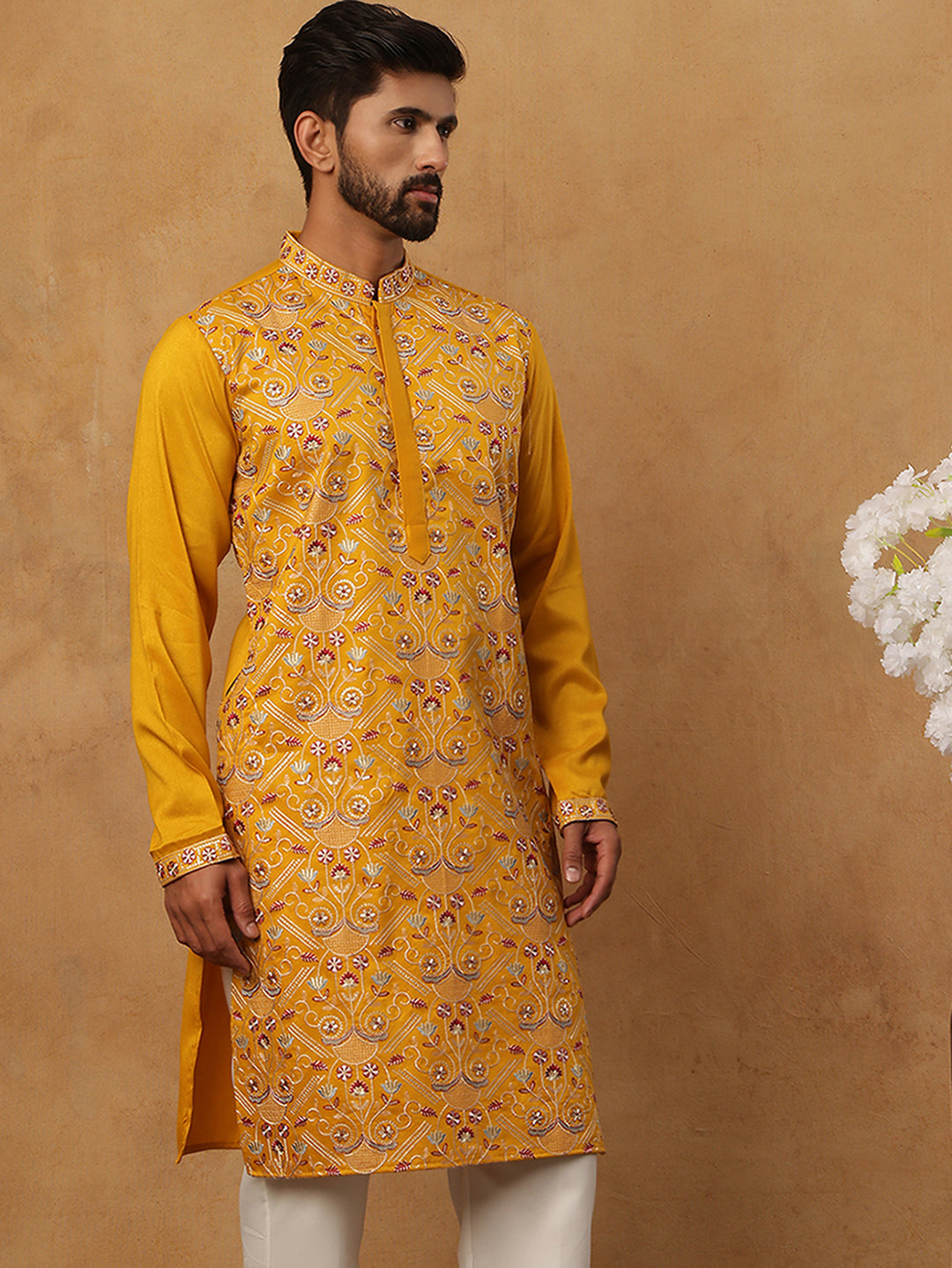 Men Festive Silk Blend Embroidered Kurta ( HOPKO 022Mustard )